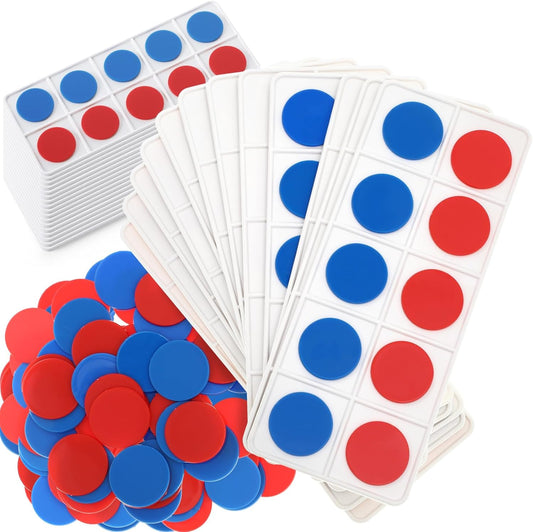 Soulchen 24 Sets Plastic Ten Frames for Classroom Math Manipulatives for Kids Classroom Math Counters Supplies Including 24 Plastic Ten Frames, 240 Counters for Teach Number Concepts (Red, Blue)