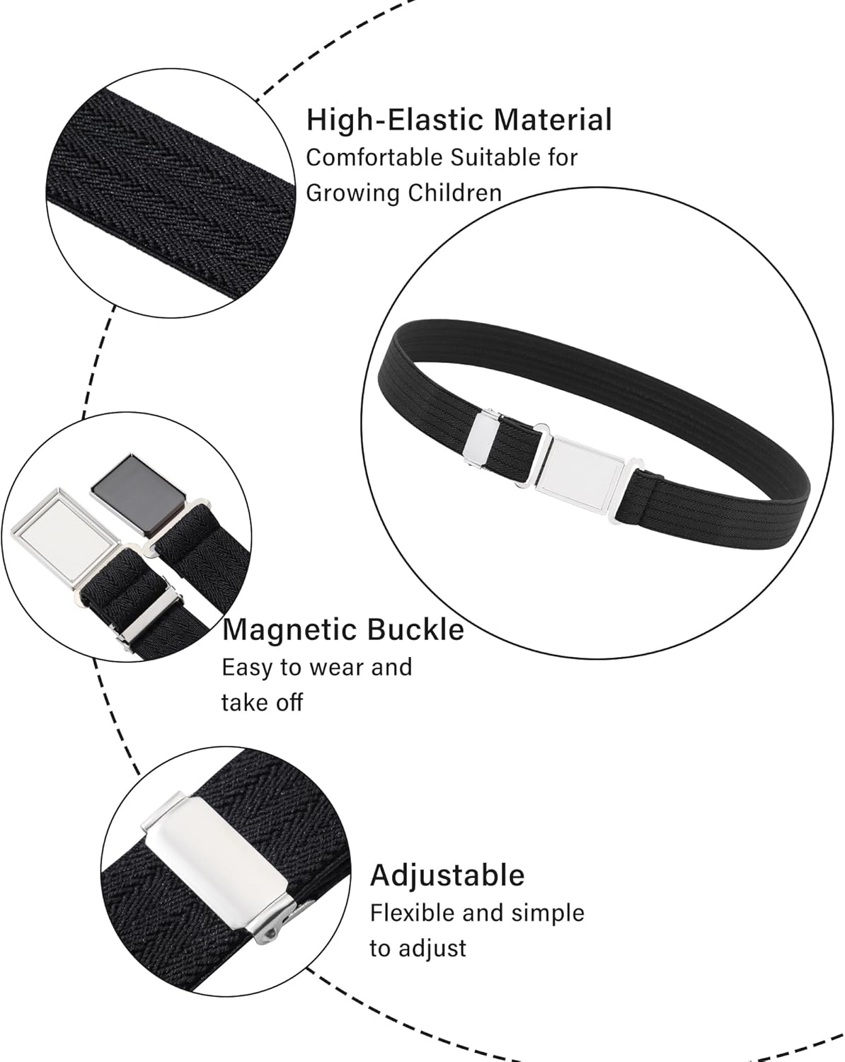 AWAYTR 3 PCS Kids Adjustable Magnetic Belts - Easy to Use Magnetic Buckle Belt for Boys and Girls