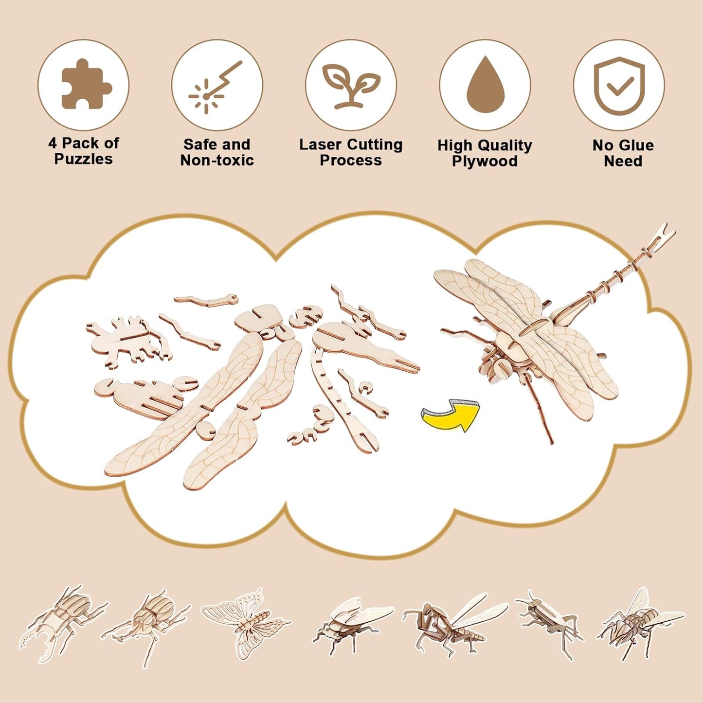 3D Wooden Puzzles for Kids, 8 Pcs Animal Assembly Model Wood Arts and Craft Puzzles Set, No-Glue DIY Delicate Pendant STEM Toys for Boys Girls Ages 6+, Educational Birthday Gift, Party Favors