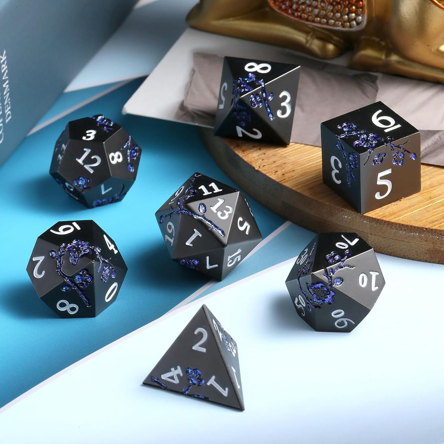 DnDnD Heavy Polyhedral Metal Dice Set with Metal Box, 7-die Shiny Blue Surface with Golden Number for RPG,Dungeons and Dragons,Pathfinder,Shadowrun,D&D,Role Palying Game and Math Teaching - Colors A