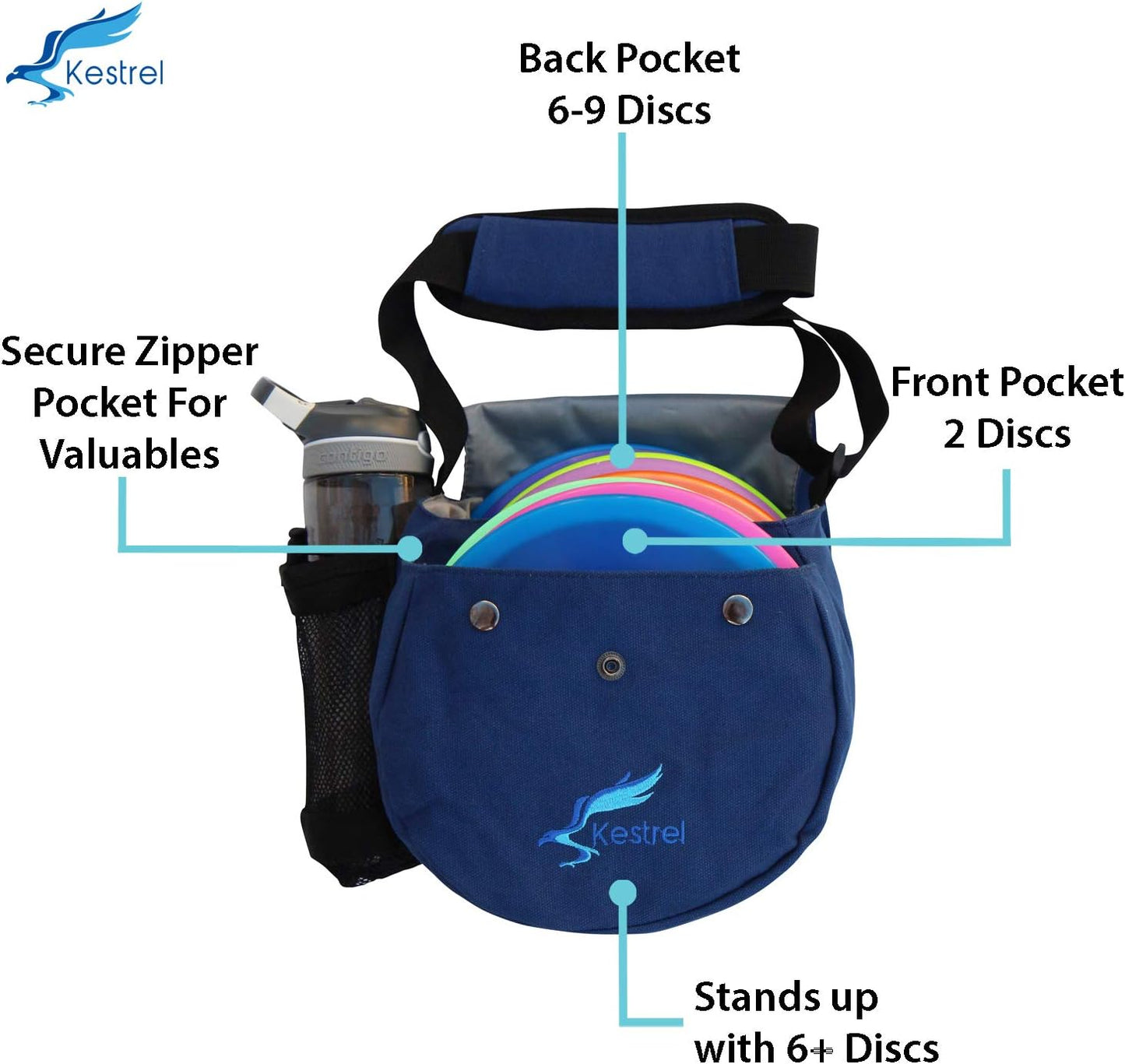 Kestrel Black Disc Golf Bag - Fits 6-10 Golf Discs + Bottle - For Beginner & Advanced Golfers - Extremely Durable Canvas - Frisbee Golf Bag - Small Sling/Shoulder Disc Golf Bag For Men & Women