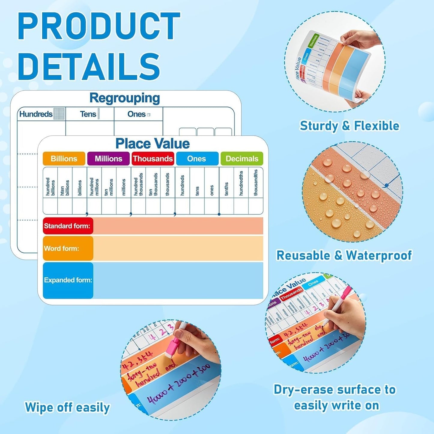 24Pcs Place Value Chart Dry Erase Flash Cards Double Sided Addition Subtraction Cardboard Math Whiteboard Math Manipulatives Teacher Portable Tool 12" x 9"