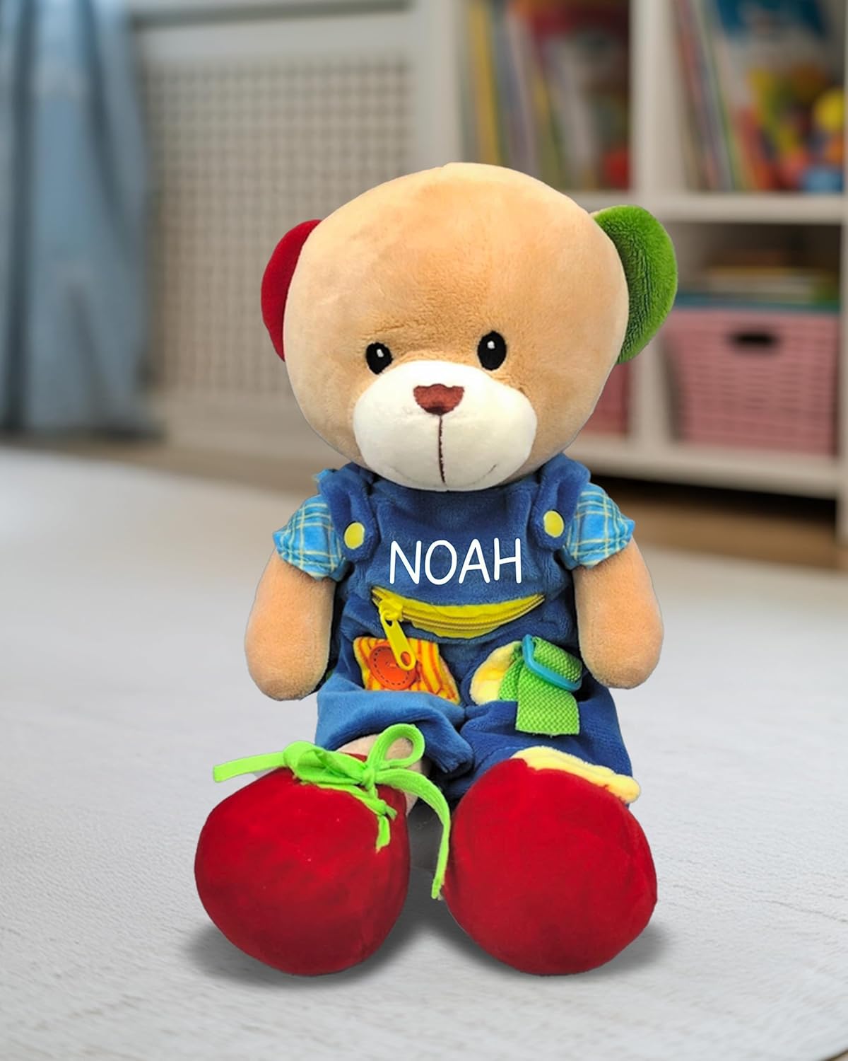 Linzy Personalized 16’’ Soft Educational Teddy Bear with Removable Outfit – Plush Learning Toy with Buttons Zippers Snaps for Toddlers Kids – Fine Motor Skills, Problem Solving Practice