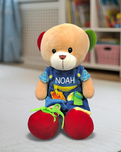 Linzy Personalized 16’’ Soft Educational Teddy Bear with Removable Outfit – Plush Learning Toy with Buttons Zippers Snaps for Toddlers Kids – Fine Motor Skills, Problem Solving Practice