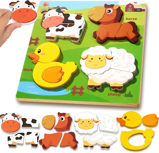 Farm Animal Wooden Puzzle for Toddlers 1-3, Sensory Montessori Toy Classroom Preschool Learning Activities Educational Toy Valentine Gift for Girl 3-5, Boy 2 3 4 5 Year Old Baby Easter Basket Stuffer