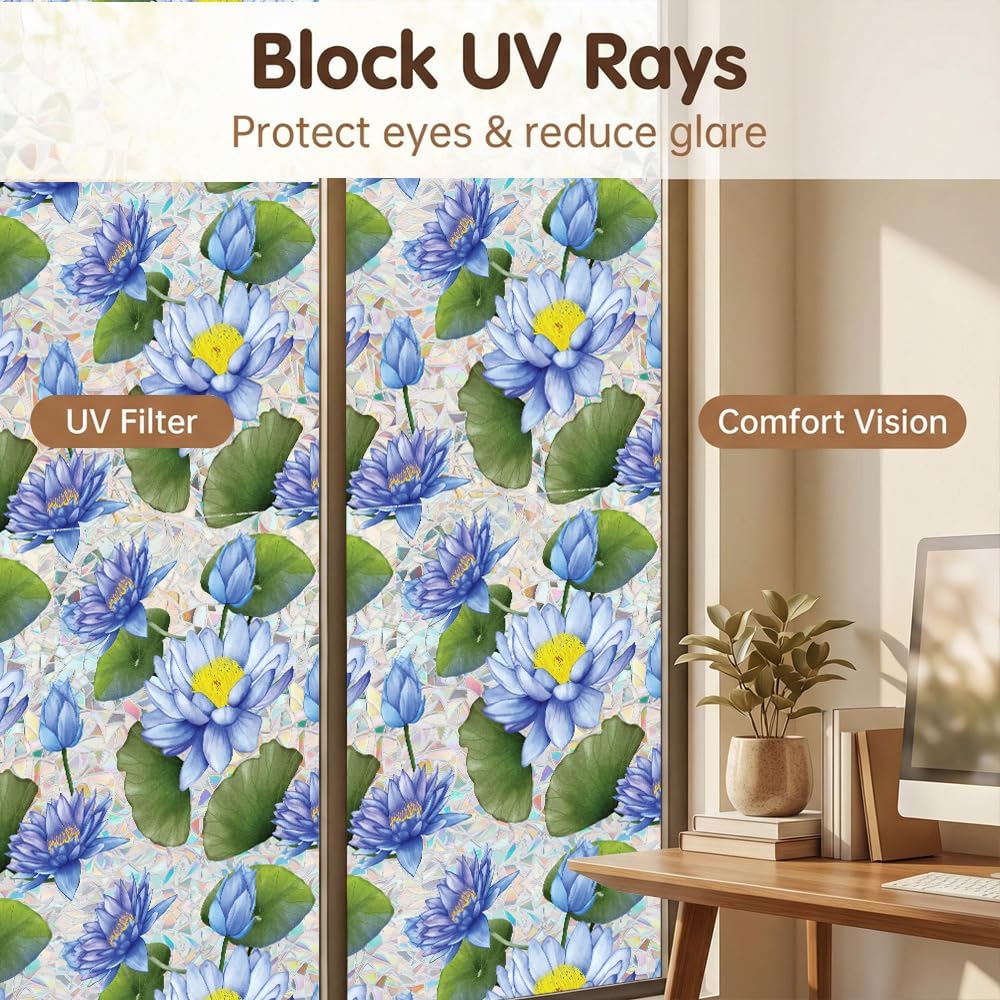 Flower Stained Glass Window Film Decorative Static Cling Stickers Sun Blocking Privacy Decals for Home Car White Lily