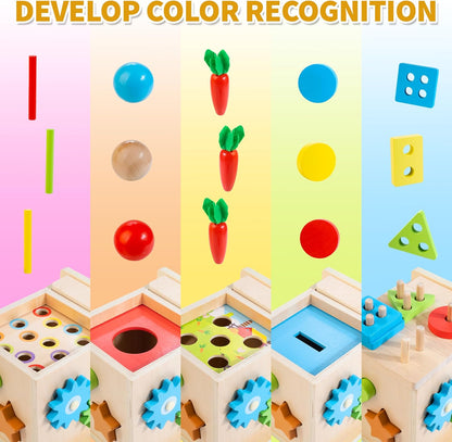 Kizfarm Wooden Montessori Baby Toys, 8-in-1 Wooden Play Kit Includes Object Permanent Box, Coin Box, Carrot Harvest, Shape Sorting & Stacking - Birthday Gift for Boys Girls Toddlers