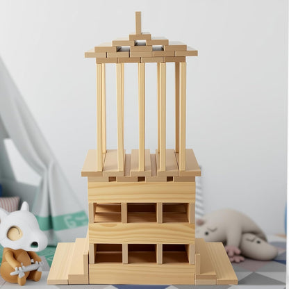 Premium 300 Pcs Natural Wooden Building Blocks for Kids Ages 3-12,Pine STEM Construction Toy - Open-Ended Classic Building Blocks Set for Castles, Bridges & Towers, Educational Learning Gift (4.7 in)