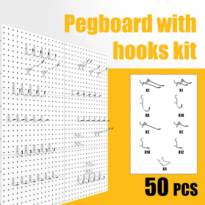 Spampur Peg Board, 4 Pack Metal Pegboard Panels with 50 Hooks, Black Pegboards Wall Organizer, Heavy Duty Peg Board for Walls Home, Garage Tool Storage, Office Organization, Craft Room, Kitchen