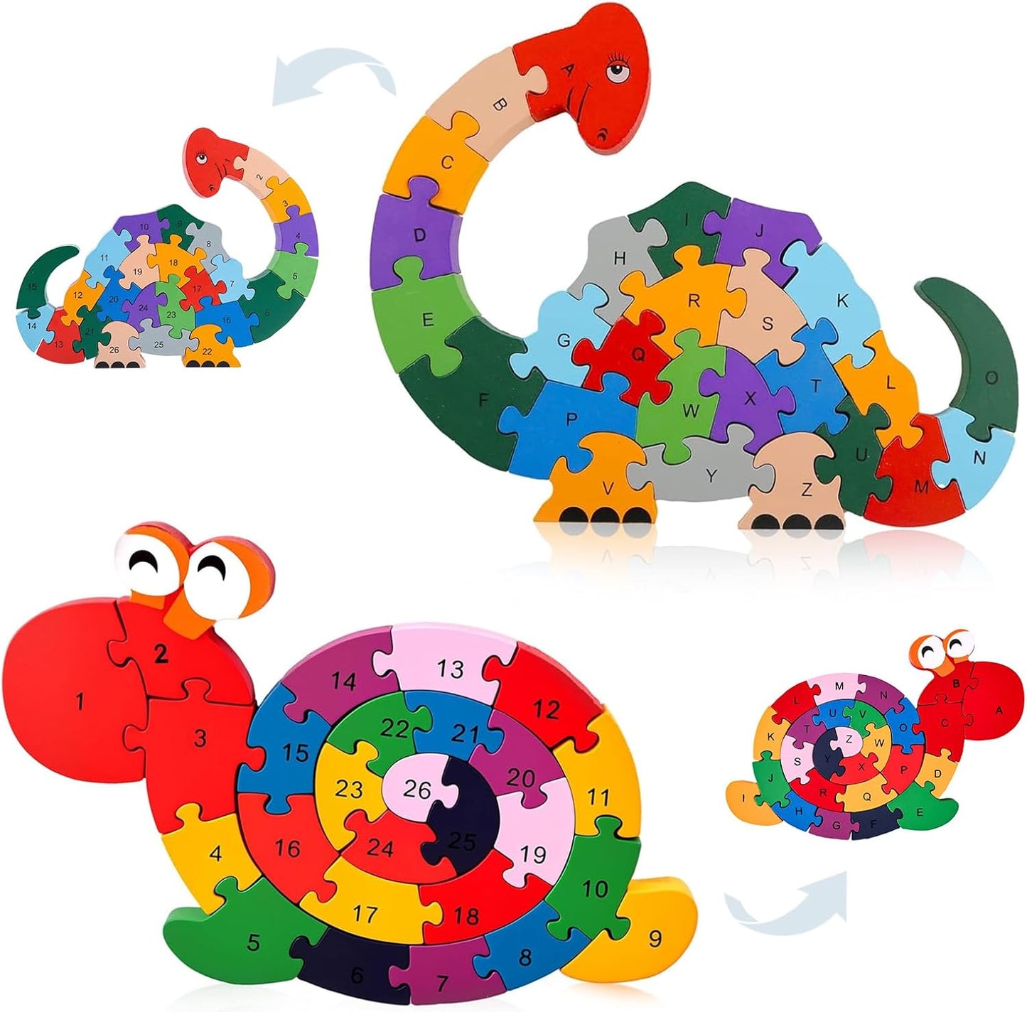 LovesTown Wooden Puzzles for Kids, Double Sided Snail & Dinosaur Jigsaw Set with Alphabet & Numbers, Montessori Educational Toy for Toddlers, Chunky Animal Gift