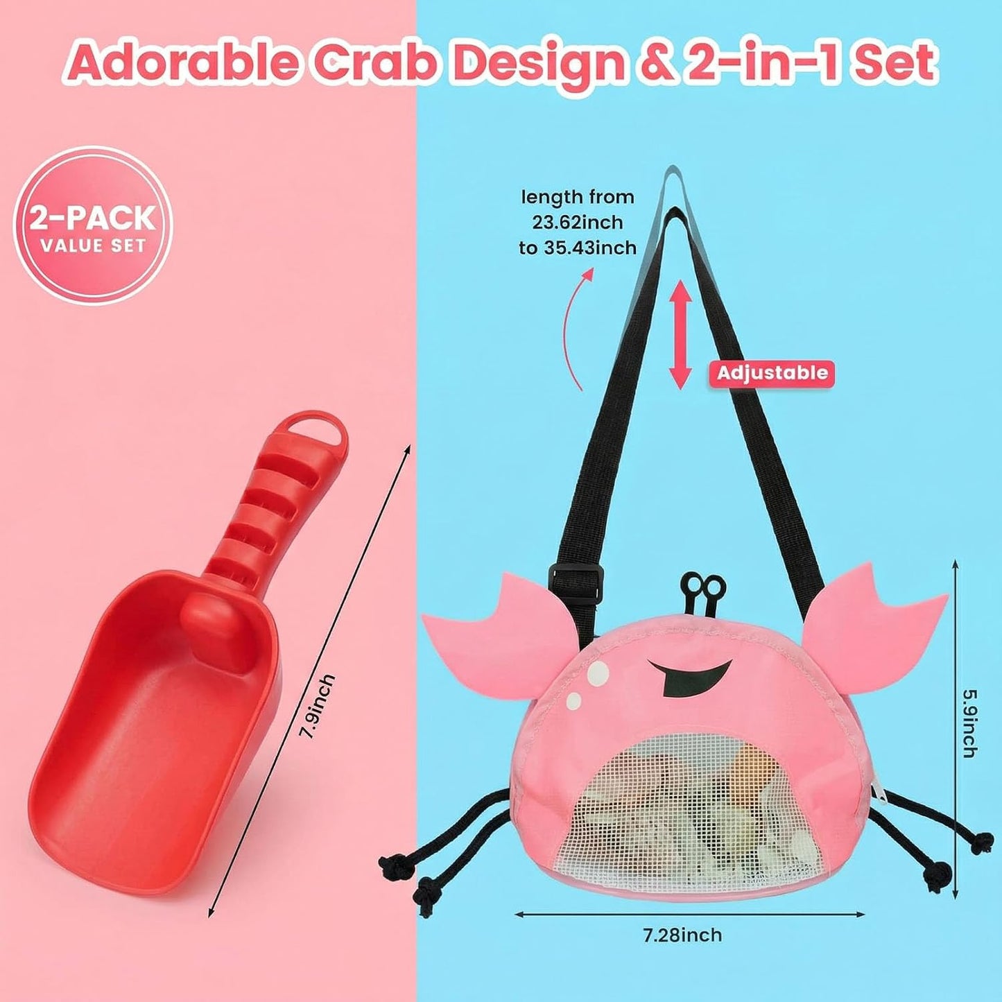 AMOR PRESENT Mesh Baby Beach Bag, Shell Collecting Bag with Shovel Crab-Shaped Adjustable Strap for Holding Shell Sea Pool Sand Toy, Blue