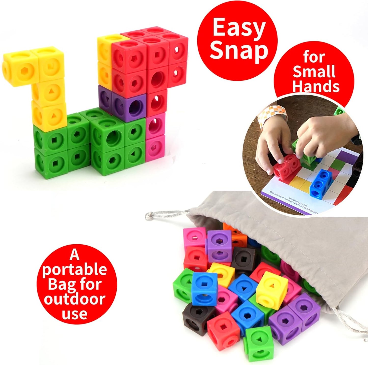 BenBen 100pcs Linking Cubes with 15 Double-Sided Activity Cards - Math Manipulatives for Kids Ages 4-8, Counting Blocks for Kindergarten, Snap Cubes STEM Educational Toy for Classroom & Homeschool
