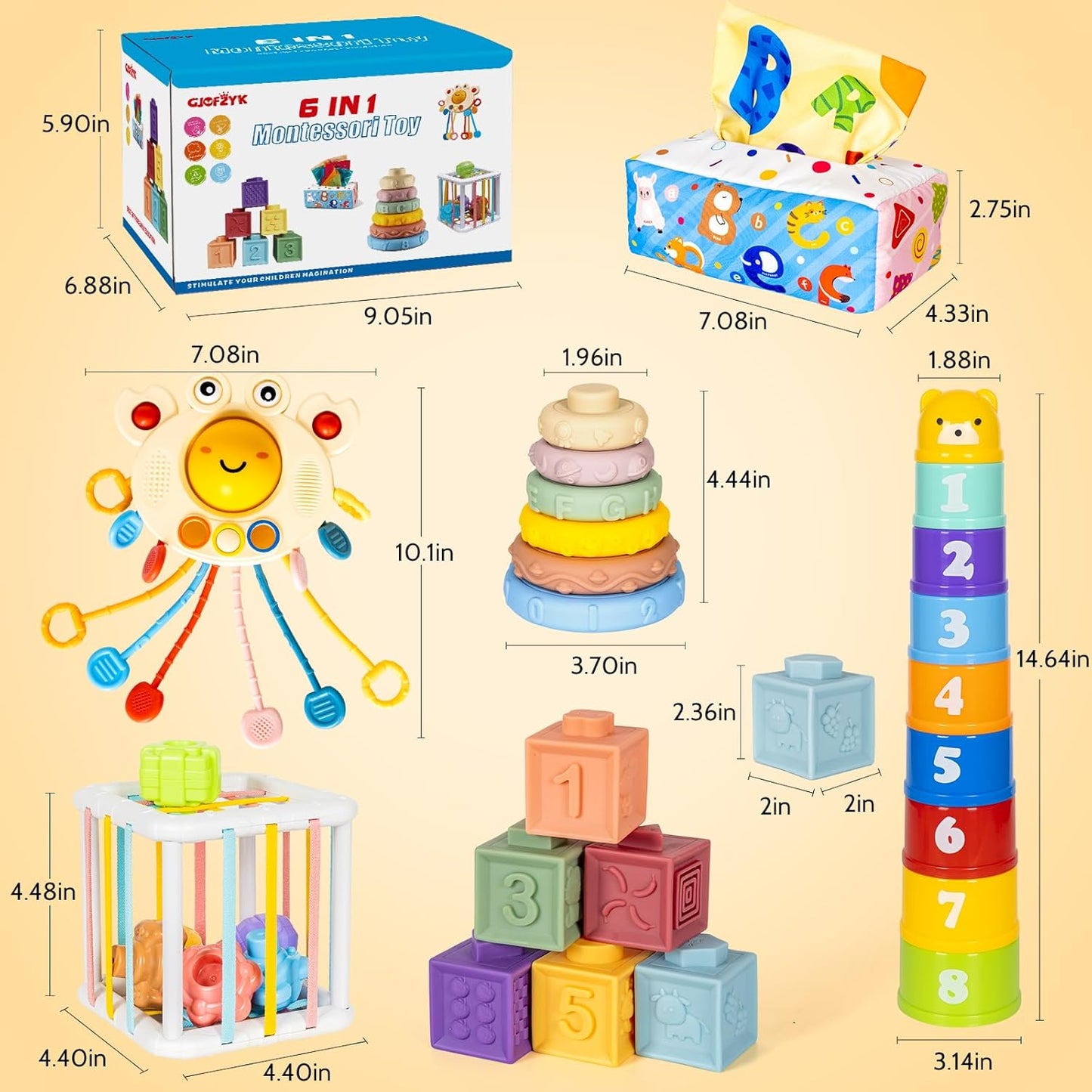 6 in 1 Montessori Toys for Babies Newborn Stacking Block Soft Infant Ring Shape Learning Sensory Bin Pull String Teething Toy Tissue Box for Toddlers 18M+ 2 3 Year Old Boy Girl Gift