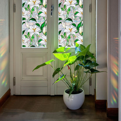 Flower Stained Glass Window Film Decorative Static Cling Stickers Sun Blocking Privacy Decals for Home Car White Lily