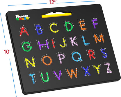 PicassoTiles 2PK 4-in-1 Magnetic Drawing Board 12x10 inch Large Magnet Tablet Pad with 4 Facings Lowercase & Uppercase Alphabets, Numbers, & Freestyle STEM Learning Writing Reading Playboard PTB06