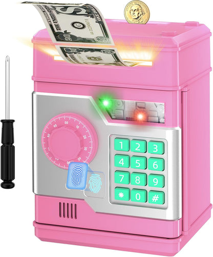 Piggy Bank, Automatic Electronic Piggy Bank for Kids Boys Girls with Password and Fingerprint Unlocking Simulation, Money Bank Kids Safe Toys for 3 4 5 6 7 8 9 10 Year Old Boy Girl (Black)