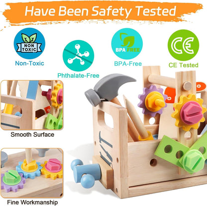 Aliex 38PCS Kids Wooden Truck Tool Set with Toy Drill for Toddlers Ages 3 4 5 6,Montessori STEM Educational Learning Construction Workbench Pretend Play Tool Kit,Birthday Sensory Gift for Boys Girls