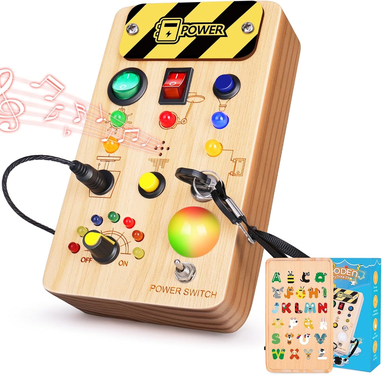 TINTECUSA Busy Board Montessori Toys for Toddler, Wooden Sensory Board Switch Toy with Shape Sorter LED Light Up Toys Educational Plane Travel Activity for Girls & Boys
