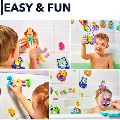 Bath Foam Alphabet Letters Toys - Non-Toxic Bathtub ABC Letters for Kids Toddlers - Premium Educational Floating Animals Puzzles with Toy Organizer for Baby Boys Girls - Set of 52 Pcs