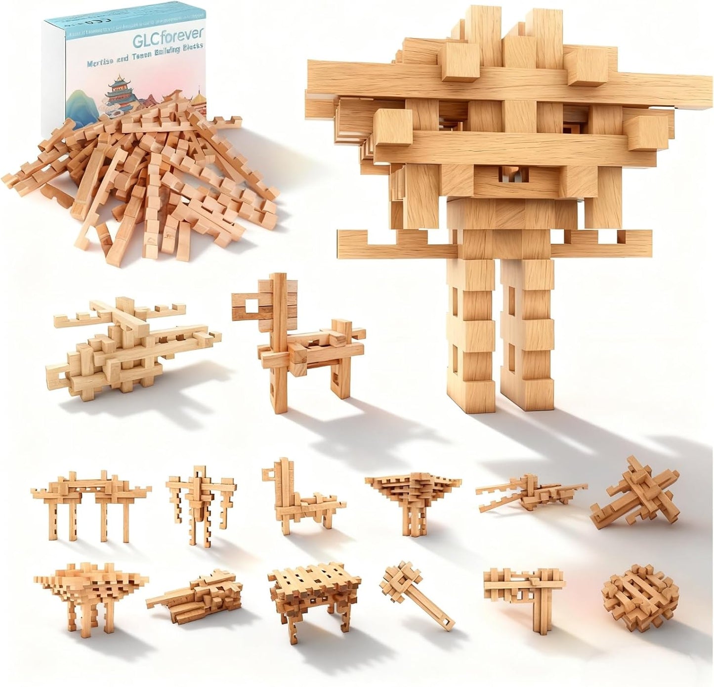 15 in 1 STEM Wooden Building Blocks -15+ Shapes, 3D Puzzle, Logic Brain Games, Educational Toys Gift for Kids and Classroom, Montessori STEM Toys for Ages 5+ to Adults