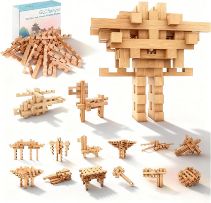 15 in 1 STEM Wooden Building Blocks -15+ Shapes, 3D Puzzle, Logic Brain Games, Educational Toys Gift for Kids and Classroom, Montessori STEM Toys for Ages 5+ to Adults