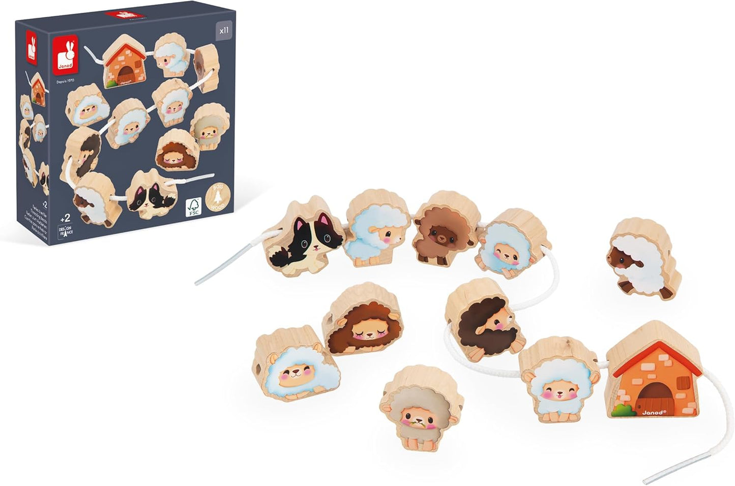 Janod - Stringable Farm-Themed Wooden Beads Set 11 Pieces - Designing Custom Jewelry - Imagination Development - Boosts Creativity and Motor Skills - Encourages Imaginative Play