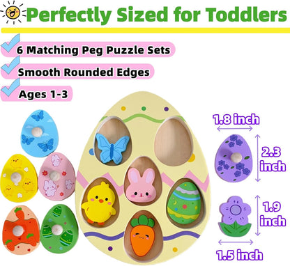 Easter Wooden Peg Puzzle for Toddlers 1 2 3 Years, 6 Colors & Shape Matching Pieces, Montessori Educational Learning Toys Easter Basket Stuffers