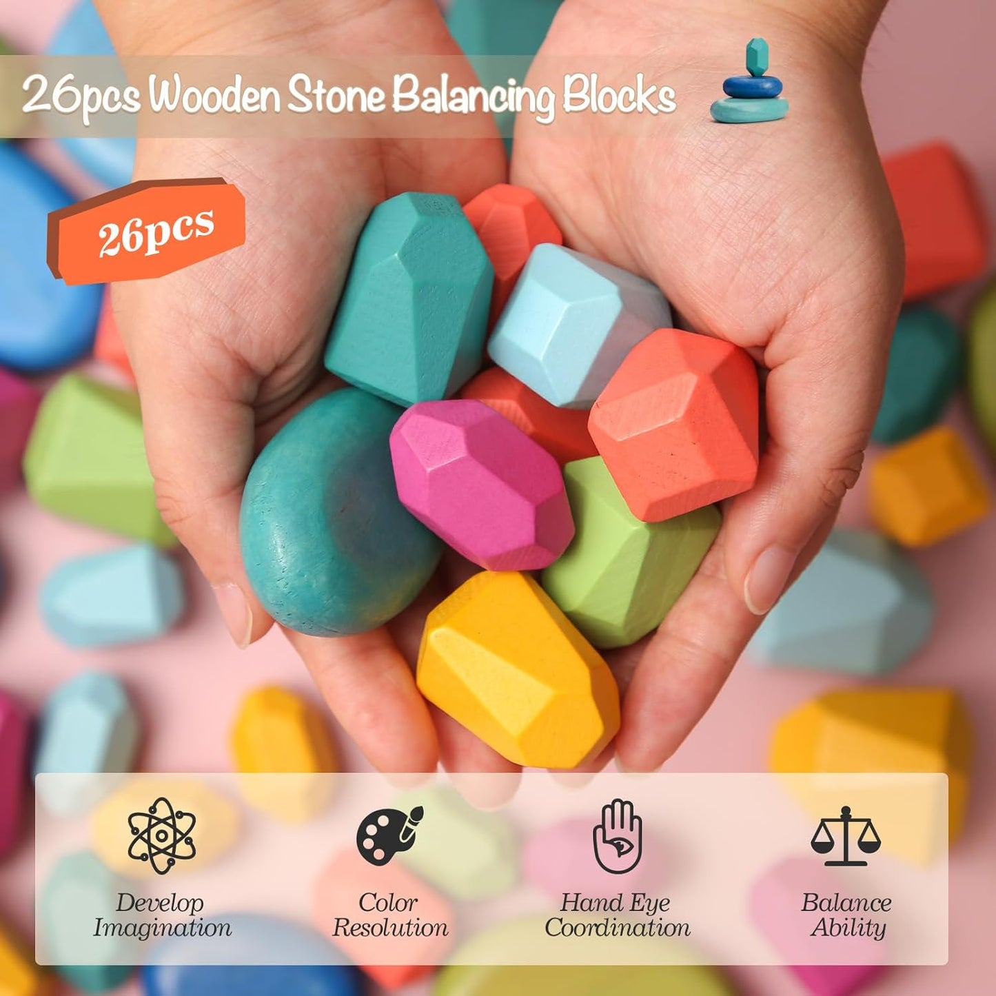 OESSUF Stacking Rocks 48Pcs Stacking Blocks Balancing Stacking Stones Wooden Building Toys Wood Stone Stacking Game for Toddler Sorting Preschool Educational Montessori Stacking Rocks for Kids