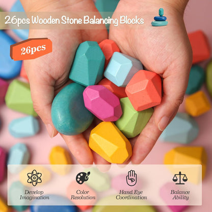 OESSUF Stacking Rocks 48Pcs Stacking Blocks Balancing Stacking Stones Wooden Building Toys Wood Stone Stacking Game for Toddler Sorting Preschool Educational Montessori Stacking Rocks for Kids