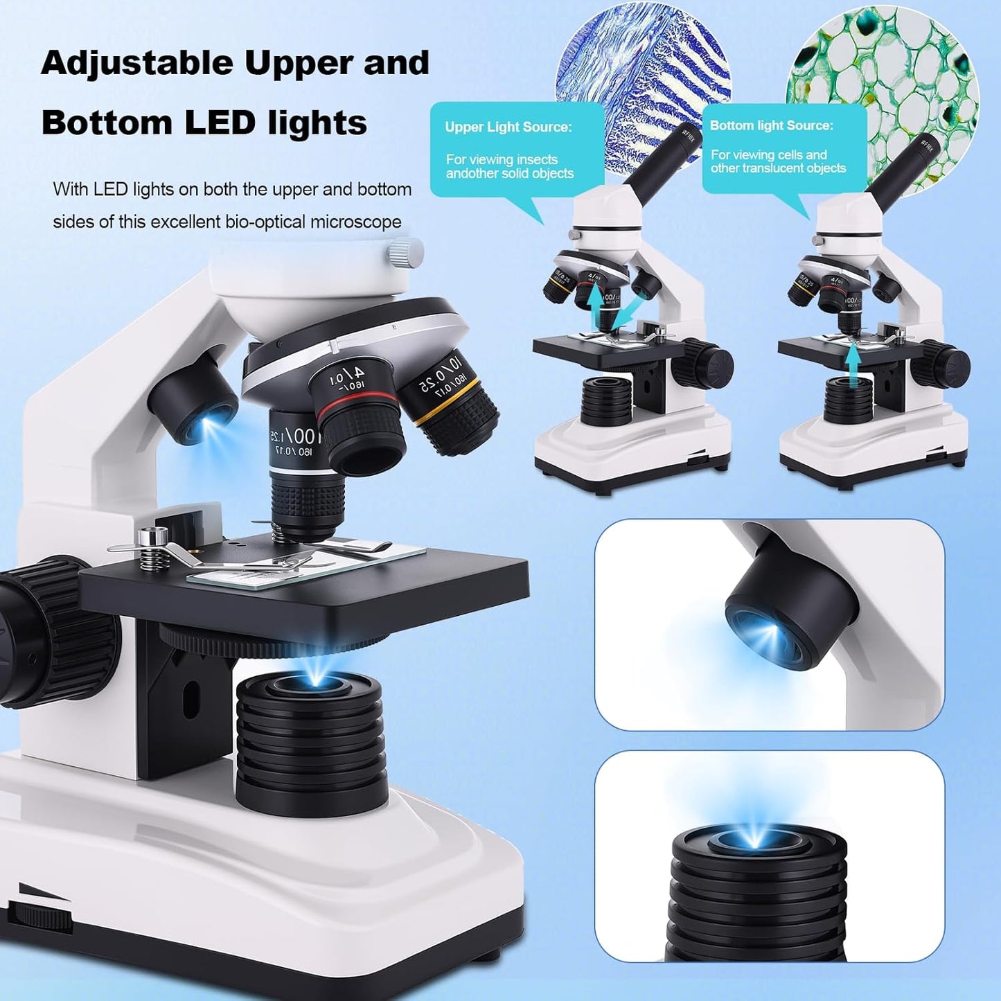 Microscope for Adults & Kids, 40X-2500X High-Power Compound Microscope for Students, School Lab & Home Schooling,Equiped with Slides Set & Phone Holder (Light White)