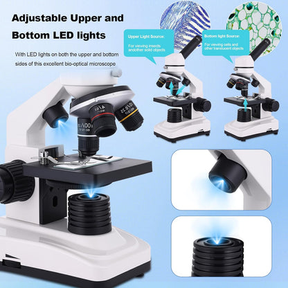 Microscope for Adults & Kids, 40X-2500X High-Power Compound Microscope for Students, School Lab & Home Schooling,Equiped with Slides Set & Phone Holder (Light White)