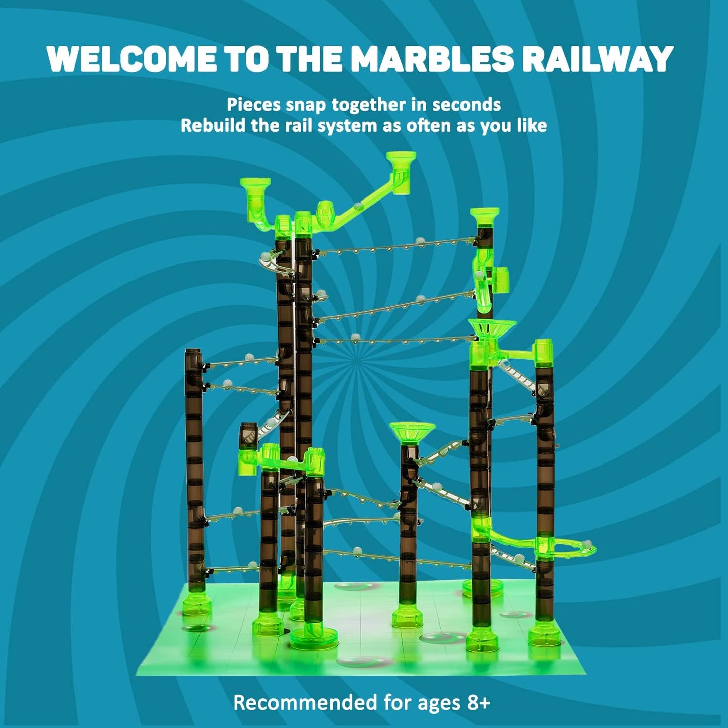 Marble Genius Marble Rails Starter Set, 200 Piece Marble Run for Kids 8+ (30 Marbles, 30 Rail Pieces, 12 Base Pieces & More), STEM, Full-Color Instructions, Great for Kids & Teens