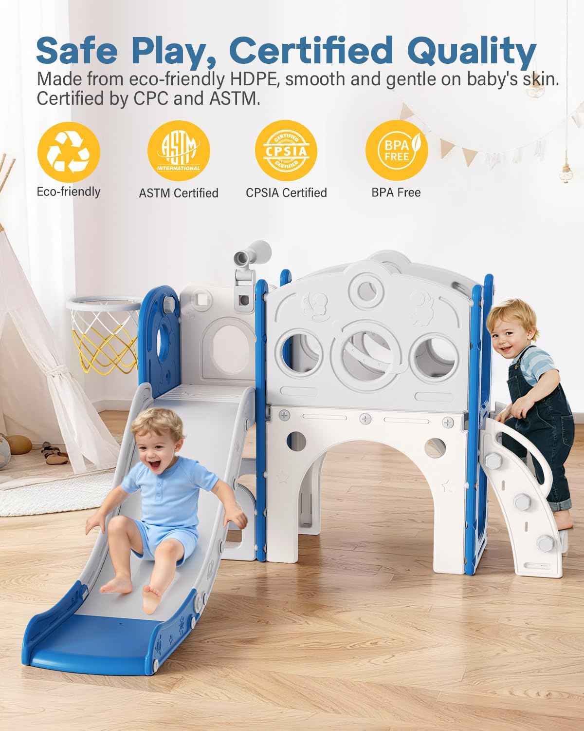 Babytronic Toddler Slide, 8 in 1 Kids Slide with Basketball Hoop, Telescope and Climber, Baby Slide Toddler Playground, Indoor Outdoor Playset for Toddlers Age 1-3, Kids Indoor Playground (White&Gray)
