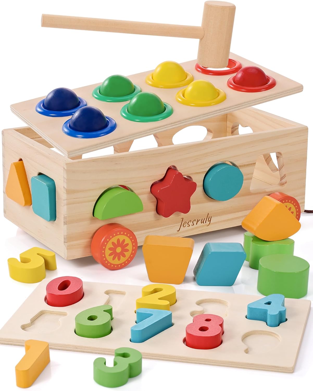Shape Sorter - Wooden Xylophone and Montessori Number Puzzle Set for Babies - Educational Sorting Game with Storage Car for Toddlers