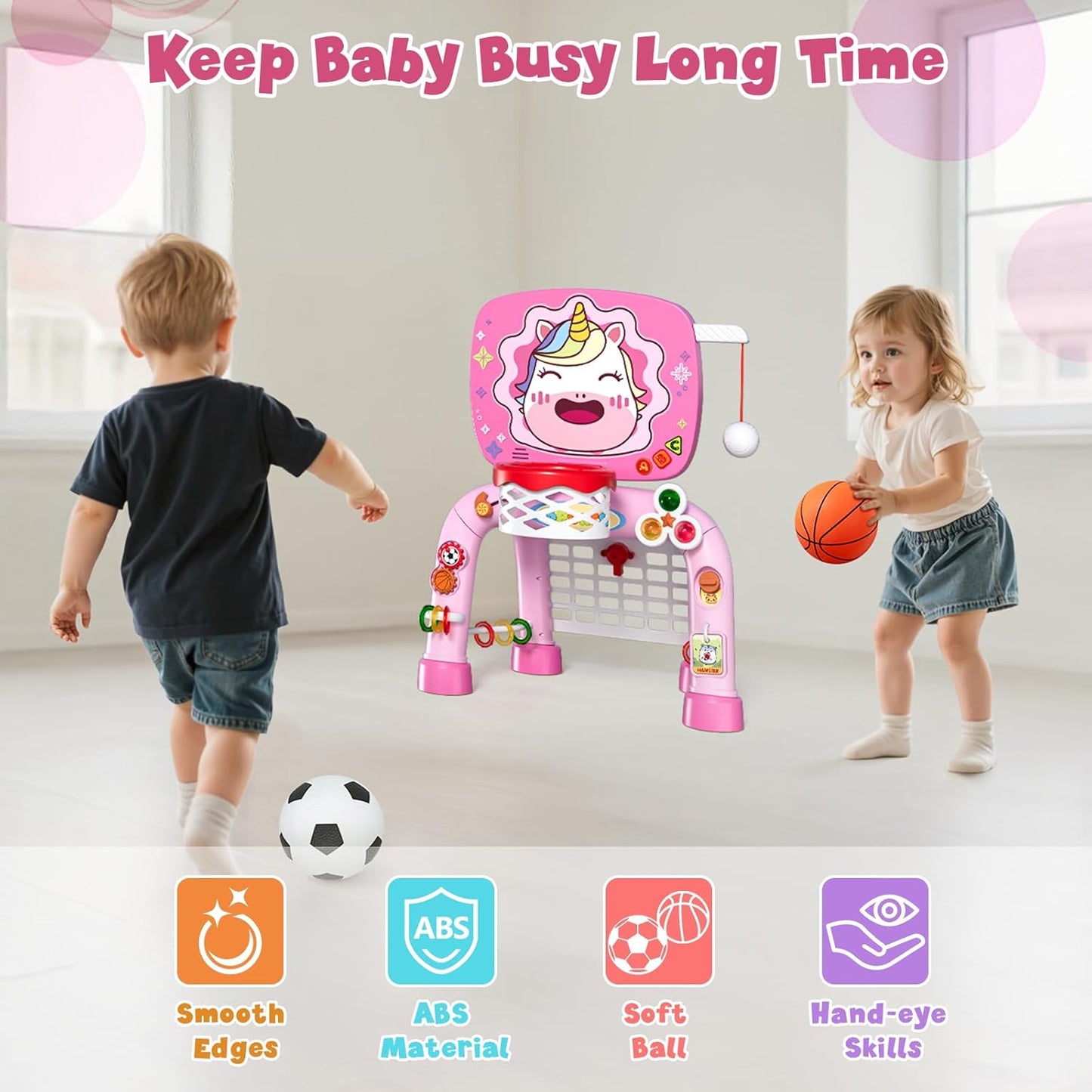 HYES Toddler Basketball Hoop Tball Set & Soccer Goal - Lion Sport Toys for 1 Year Old Boy with Learning Activities (Abacus/Alphabet/Animals Sounds) Christmas Birthday Gifts for Baby Boy Age 1 2 3