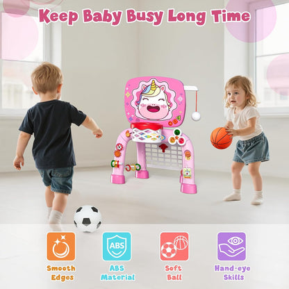 HYES Toddler Basketball Hoop Tball Set & Soccer Goal - Lion Sport Toys for 1 Year Old Boy with Learning Activities (Abacus/Alphabet/Animals Sounds) Christmas Birthday Gifts for Baby Boy Age 1 2 3