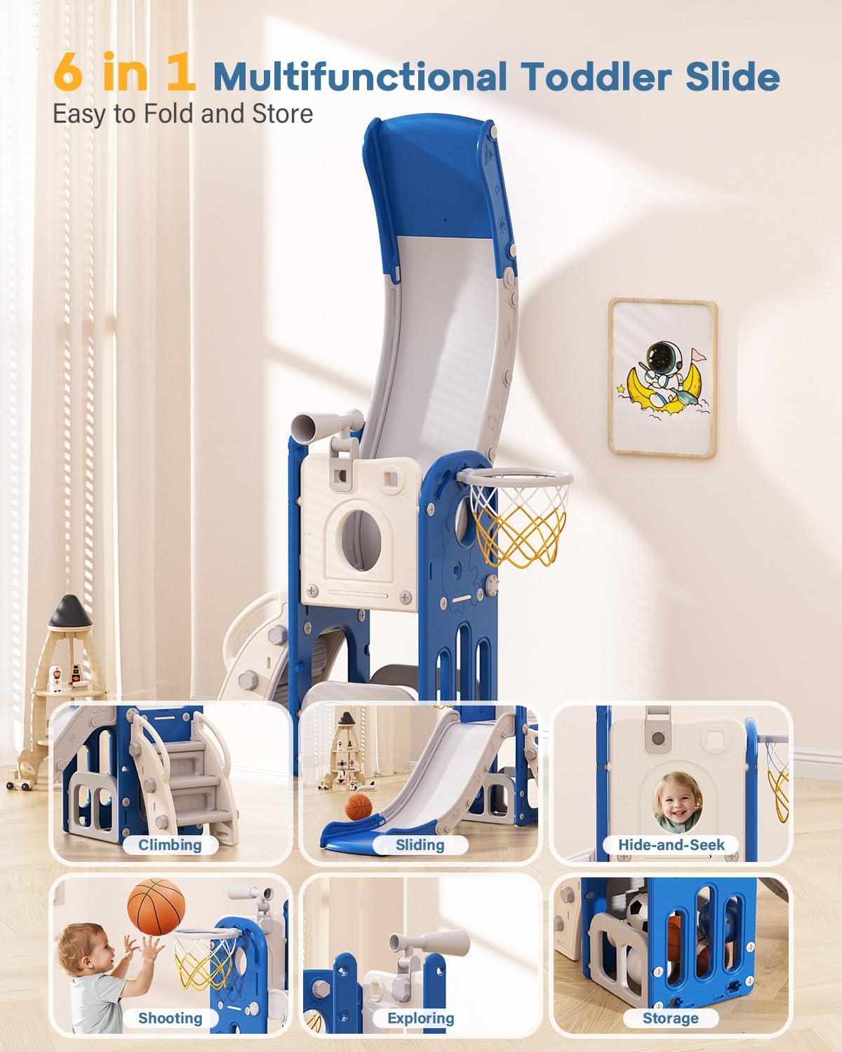 Babytronic Toddler Slide, 6 in 1 Kids Indoor Slide for Toddlers 1-3, Baby Indoor and Outdoor Climber Playset, Kids Slide with Basketball Hoop and Telescope, Toddler Outdoor Playground (Blue&Yellow)