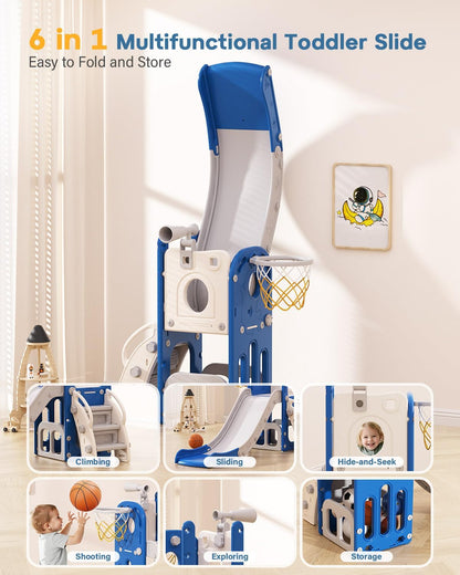 Babytronic Toddler Slide, 6 in 1 Kids Indoor Slide for Toddlers 1-3, Baby Indoor and Outdoor Climber Playset, Kids Slide with Basketball Hoop and Telescope, Toddler Outdoor Playground (Blue&Yellow)