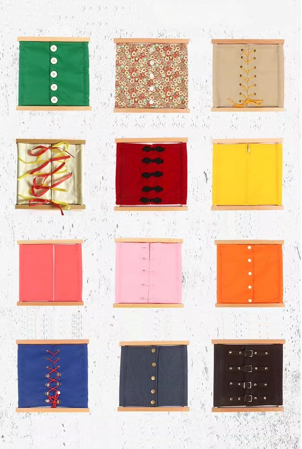Montessori Learn to Dress Practice Boards,12 Kinds of Clothing + Clothing Frame,12 Kinds of Clothing + Clothing Frame,Zip, Snap, Button, Buckle, Lace and Tie