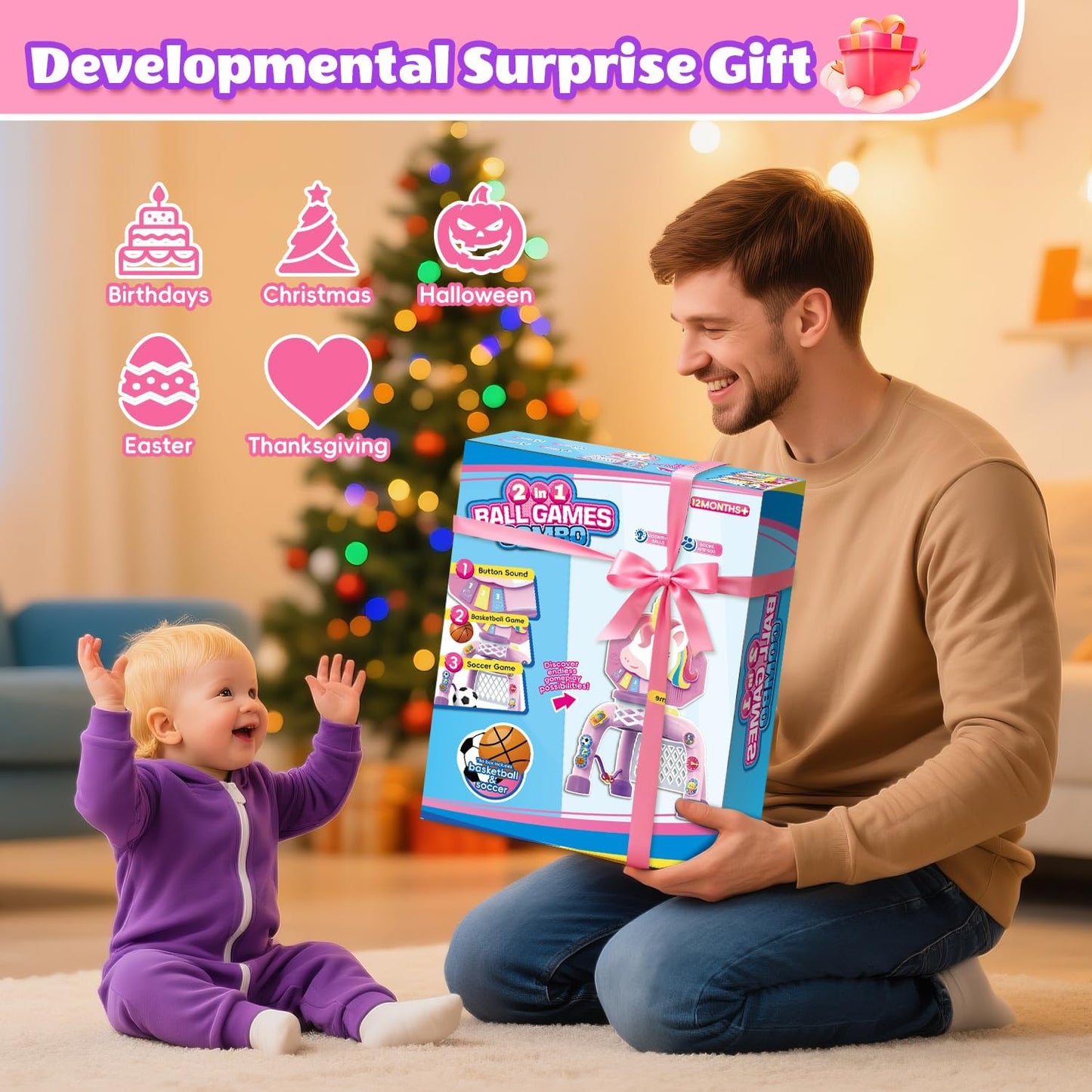 Toddler Basketball Hoop & Soccer Goal， Baby Toy for 1 2 3 Year Old Girls, Kids Activity Center Toys with Light & Music,Unicorn Toys for Girls 12-18-36 Months, Christmas Birthday Gifts for Ages 1-3