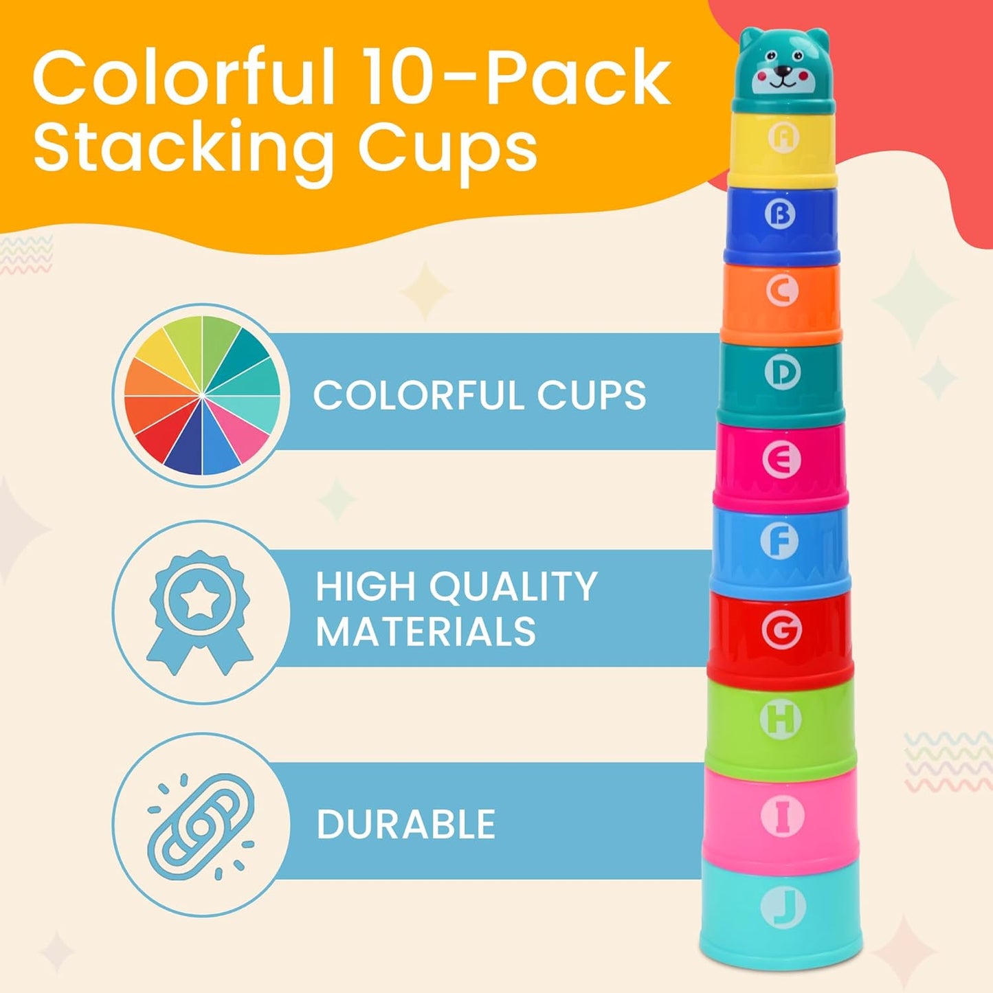 Educational Stacking Toys for Toddlers 1–3 | Numbers & Alphabet Stacking Cups Set | 10-Piece Baby Stacking Cups for Babies 6–12 Months & Toddlers 1–3 | Montessori Learning Toy, Rainbow (10Pcs)