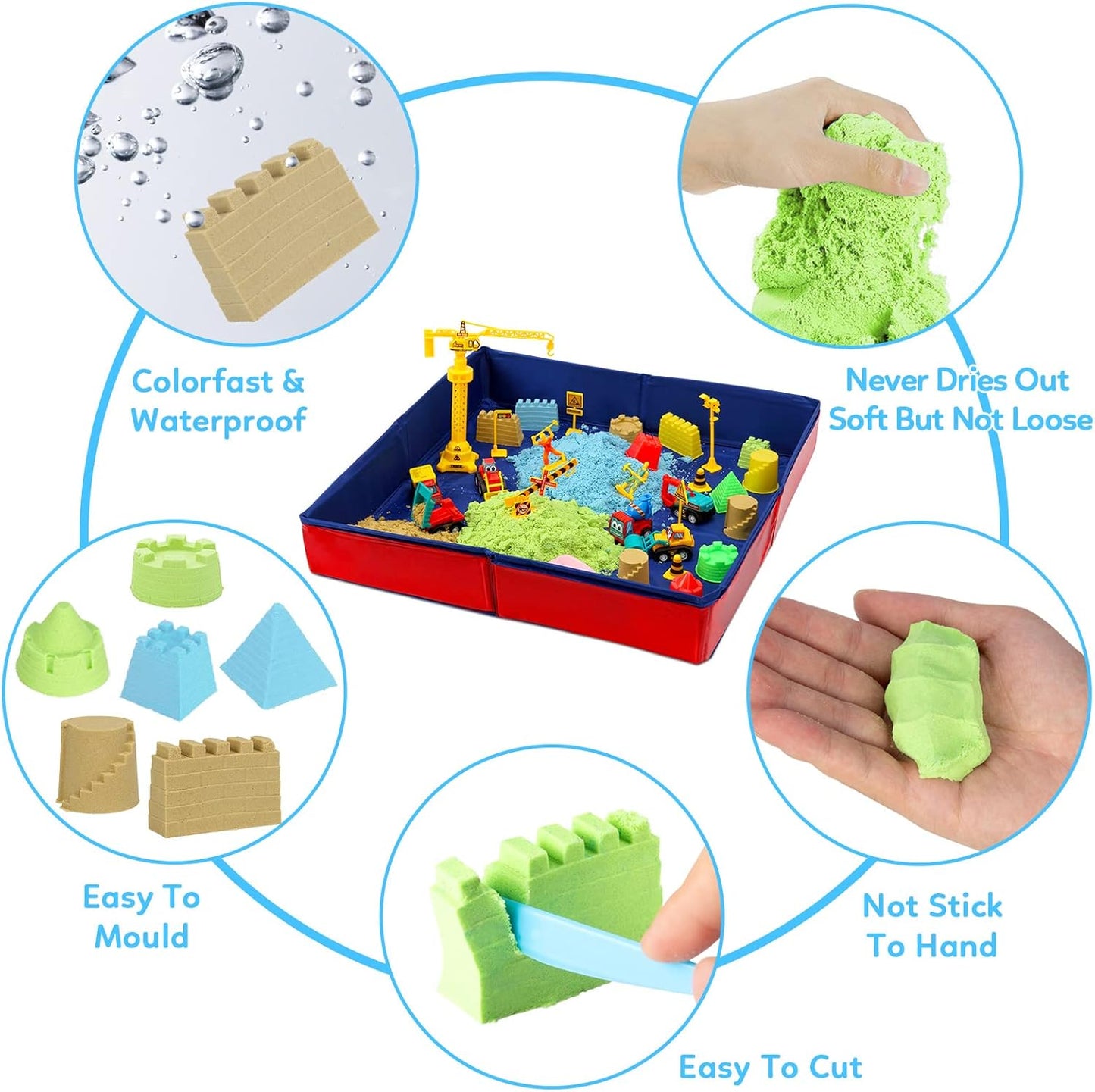 GarveeLife Kids Sand Kit, 43PCS Set w/Tools, 6 Construction Trucks & Castle Molds, Foldable Sand Box Storage Bin Tote, Toys for Boys Girls