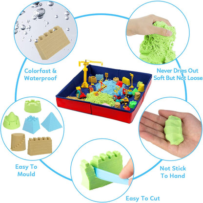 GarveeLife Kids Sand Kit, 43PCS Set w/Tools, 6 Construction Trucks & Castle Molds, Foldable Sand Box Storage Bin Tote, Toys for Boys Girls