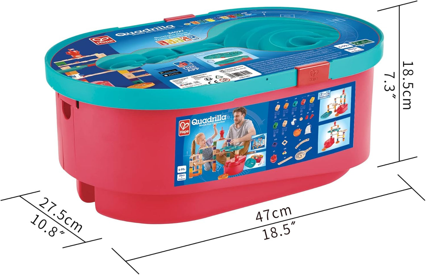 Hape 90 Piece Quadrilla Stack Track Bucket Box Marble Race Building Set for Children Ages 4 and Up with 25 Marbles for STEAM Learning