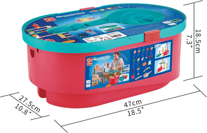 Hape 90 Piece Quadrilla Stack Track Bucket Box Marble Race Building Set for Children Ages 4 and Up with 25 Marbles for STEAM Learning