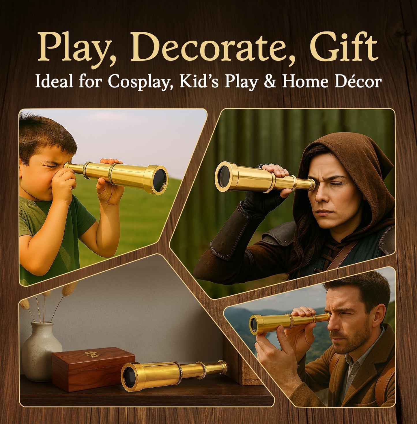 NauticalMart 6 Inch Brass Telescope with Wooden Box for Nautical Collectibles and Pirate Spyglass for Young and Adults, Ideal Decorative Piece for Home or Office