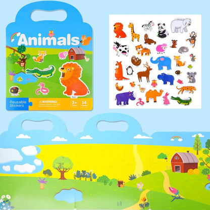 ASTARON Reusable Sticker Book for Toddlers, 88 Pcs Dinosaur Stickers Road Trip Activities Car Airplane Activities Travel Toys for Kids, Kids Quiet Time Activities (2-6 Age)