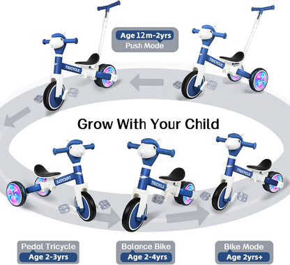 Tricycle for Toddlers 1-3 Year Olds, 5 in 1 Toddler Balance Bike 2-4 Years Old Boys Girls, Push Trike Toys with Adjustable Handle, Birthday Gifts for 2 3 4 5 Year Old Kids Bike (Blue)