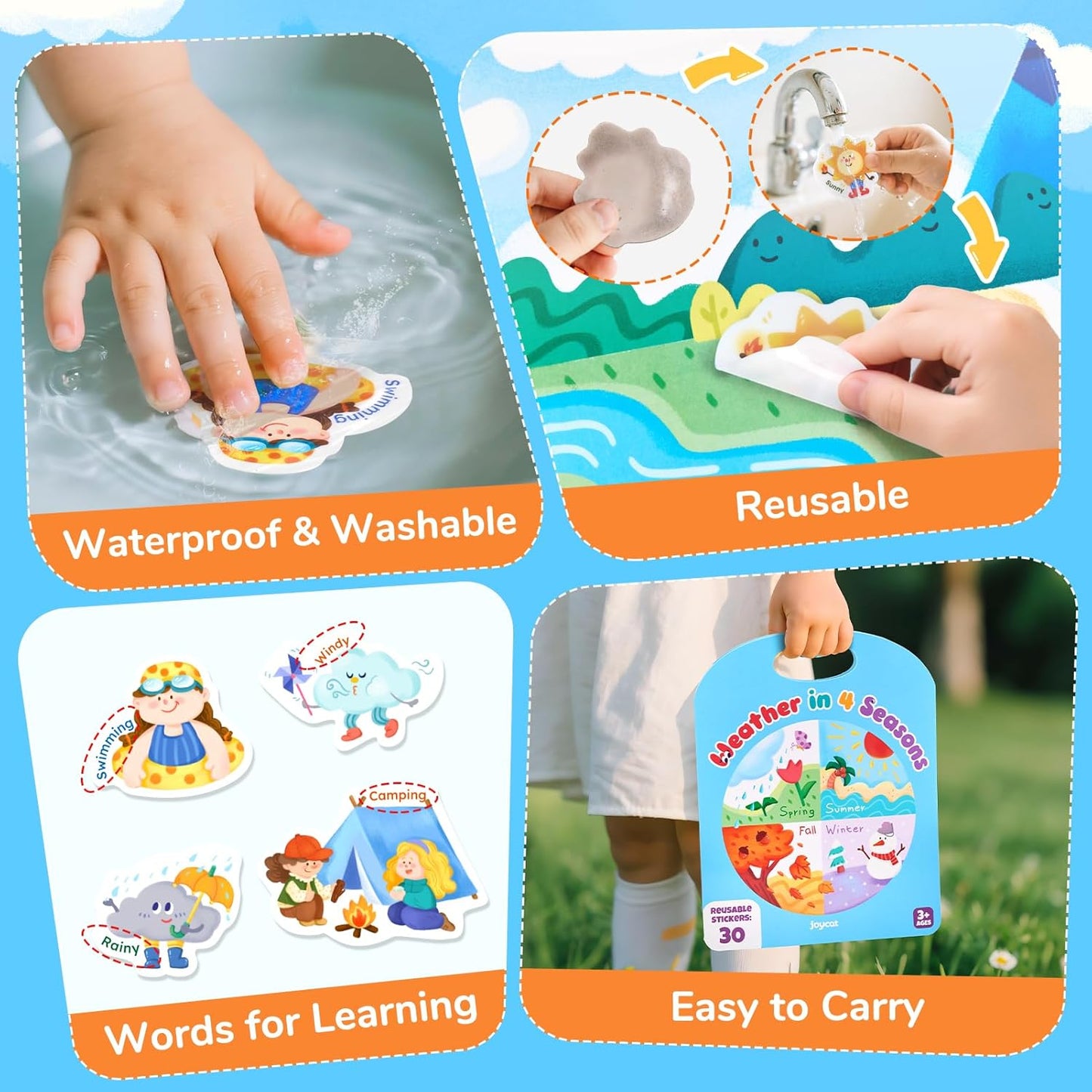 JoyCat Reusable Sticker Book Set (3-Pack): Farm, Pizza-Making, Weather - 90 Pcs Stickers for Toddlers, Kids Sticker Activity Book, Road Trip Travel Toys, Birthday Gifts for Boys and Girls