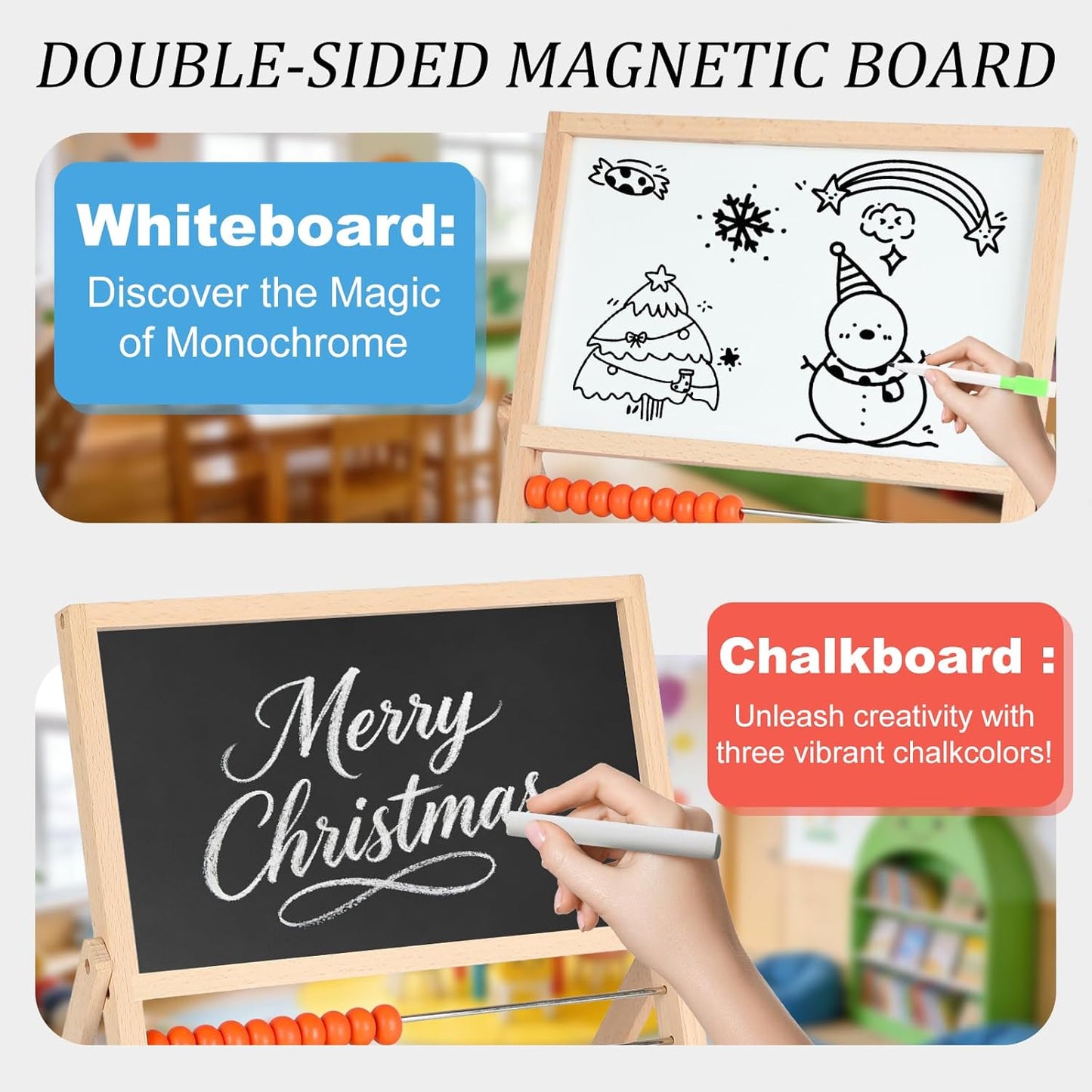 Wooden Abacus for Kids Math – Double-Sided Drawing Board with 100 Counting Sticks, 3 Sets Cards, Clock & Accessories, Educational Learning Toy for Ages 3-8, Homeschool & Preschool Essentials